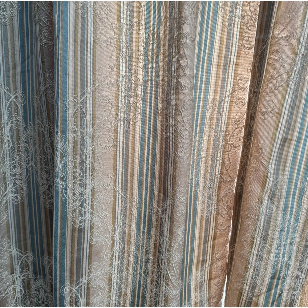 Croscill Home 2 Curtain Panels 40x84 Brocade Fabric Striped Blue Gold Damask